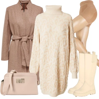 Outfit s Béžová/Bílá/Khaki Jezdecká Bota/Holínky/Ovčí Kožešinová Bota/Dlouhá Kozačka/Klasická kozačka/Kozačka po Kolena/Plochá kozačka nad koleno/Bota se širokým nohavici About You "Zimní outfity"