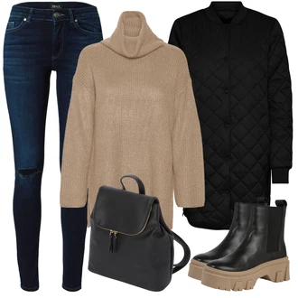 Outfit s Černá Chelsea Boty/Holínky/Dřevák na podzim & zimu/Kožená bunda/Gumová Kotníková Bota/Plochá Kotníková Bota/Bota na Platformě About You "Zimní outfity"