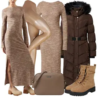 Prošívaný Dlouhé Outfit s Tmavě hnědá/Hnědá Zimní Kabát/Kabát s Kožešinovým límcem/Péřový Kabát/Dlouhý Péřový Kabát/Dlouhý Zimní Kabát river island "Zimní outfit pro volný čas"