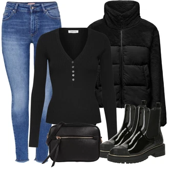 Outfit s Černá Kozačka Chelsea Boty/Plochá Kotníková Bota/Gumová Kotníková Bota/Kožená bunda river island "Zimní outfity"