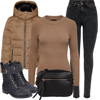 Outfit s Hnědá/Béžová/Khaki Prošívaná Bunda/PodZimní Bunda/Bunda s Kapucí/Nafukovací Bund/Zimní Bund/Bunda s Bočním Zipem/Puchová Bund/Udržitelná bunda/Letní peřová bunda VERO MODA "Zimní outfit pro volný čas"