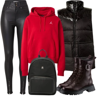 Outfit s Červená/Růžová/Tmavě červená Svetr s kapucí/Dámský Svetr/Fleecový Svetr/Jednoduchý Svetr/Svetr S Kapucí/Sportovní Mikina/Originální Mikina/Vintage Mikina/Sportovní Mikina/Pletená Mikina s kapucí/Oversize Mikina Jordan "Zimní outfit pro volný čas"
