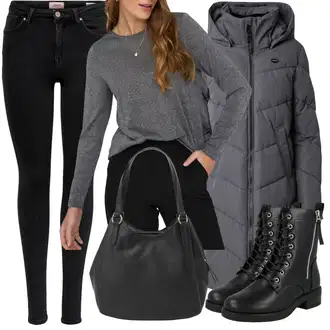 Outfit s Šedá/Tmavě šedá Zimní Kabát/Přechodový Kabát/Dlouhý Zimní Kabát/Prošívaný kabát/Péřový Kabát/Kabát s Kapucí/Dlouhý Péřový Kabát Ragwear "Zimní outfit pro volný čas"