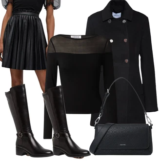 Kovbojka Outfit s Černá/Hnědá/Tmavě červená/Tmavě hnědá Kozačka po Kolena/Bota se širokým nohavici/Dlouhá Kozačka/Kozačka se zipem/Jezdecká Bota Tamaris "Zimní outfity"Look: Šik, Cool, Kovbojka, Elegantní