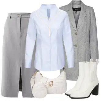 Outfity na zimu Áčkového Střihu s Šedá/Světle šedá MSCH Copenhagen "Zimní outfity"Look: Áčkového Střihu, Business, Kancelář, Old Money, Příliš oblečený, Univerzitní