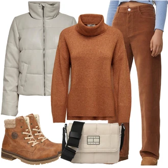 Outfity na zimu s Hn?dá/Bé?ová Man?estrové Laclá?/Sametová Kalhoty Pull&Bear "Zimní outfit pro volný ?as"