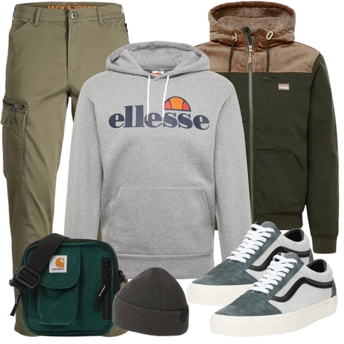 Sportlich Grau/Dunkelgrün/Creme/Hellgrau Schuh Leder Sneaker/Schmaler Sneaker/Sneaker Low/Vintage Sneaker/SkateSchuh Vans kombinieren mit Schwarz/Dunkelgrün/Dunkelgrau Hut Mütze/Kopfbedeckung/Winter Mütze/Kappe DAN FOX APPARELLook: Trendige, Vintage, Sportlich, Smart Casual, Classic, Retro