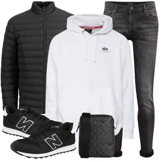 Jeans Outfits 90er mit Schwarz/Dunkelblau New Balance "Alltag Outfit"Look: Schön, Sportlich, 90er, Steampunk, Unisex