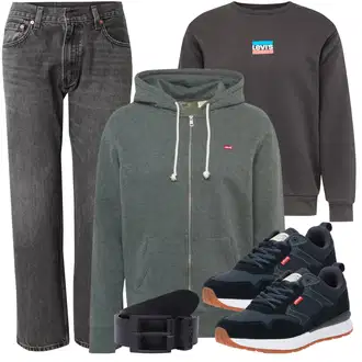 Strick Outfit mit Schwarz/Grau/Dunkelgrau/Rot Women's Fleece Sweatshirts/Lederjacke/Sport Sweatshirt levi's ® "Alltags Outfit"