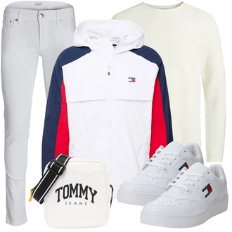 Retro Outfit mit Weiß/Creme Plateau-Sneaker/Sneaker Low/Leder Sneaker/Schmaler Sneaker/Vintage Sneaker/Skateschuh Tommy Jeans "Alltags Outfit"Look: Retro, Rap, Unisex, 90er, Sportlich, Steampunk, Skater, Techno, Streetwear, Esthetische, Französische, Trendige, Classic