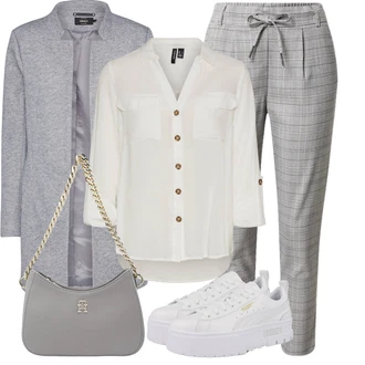Zapínání na knoflíky Outfit s Šedá/Khaki/Bílá/Hnědá/Béžová/Světle zelená Tunikové Tričko/Halenka S 3/4 Rukávem/Blůza s nášivkou na lokti/Oversize Muselínová Blůza/Kožená bunda/Blůza s knoflíčkem Vero Moda Tall "Módní outfit"