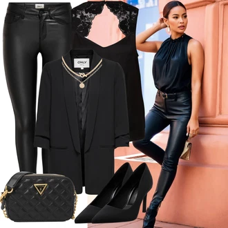 Saten Outfit sa Crna Majica I Top Veći Broj/Bluza Veći Broj/Majica i top/Bluza i Tunika Guess "Ulični Stil Odjeće"