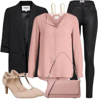 so sponou Outfit s Růžová Blůza s knoflíčkem/Slip-on Halenka/Halenkový Top/Kožená bunda/Halenka se Stojatým Límcem/Halenkové Body/Hedvábná Halenka/Halenka s Dlouhým Rukávem/Tunikové Tričko/Jednobarevná Halenka/Dlouhá Halenka Vila "Každodenní vzhled"