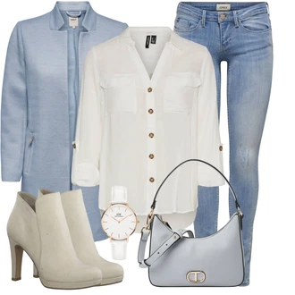 Outfit s Šedá/Khaki/Bílá/Hnědá/Béžová/Světle zelená Tunikové Tričko/Halenka S 3/4 Rukávem/Blůza s nášivkou na lokti/Oversize Muselínová Blůza/Kožená bunda/Blůza s knoflíčkem Vero Moda Tall "Cool každodenní outfit"