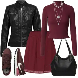 Outfit s Tmavě červená/Fialová/Růžová/Vínová Sukně Áčkového Střihu/70tá Léta Minisukně/80tého Léta Sukně/90tá Léta Sukně/Rozhalená Sukně/Sukně z umělé kůže/Kožená Minisukně/Kožená Sukně/Krátká Sukně/Moderní Sukně/Krátká plisovaná sukně/Unisex Sukně/Zimní Sukně About You "Každodenní vzhled"