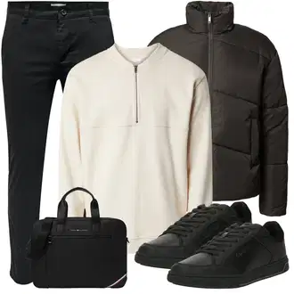 Outfit mit Schwarz/Dunkelgrau/Khaki Jeggings/Hose mit Schlitz/Skinny Hose/Slim Hose/Twill Hose/Damen 7/8-Länge Jeans/Knöchelstiefel/Biker Jeans/Cropped Jeans/Jeans mit Schlitz/Push up Jeans/Lederjacke/Slim Fit Jeans/Leder Schuhe/Sweatjeans/Tapered-Jeans/Thermojeans/Winterjacke Only & Sons "Buro Outfit"