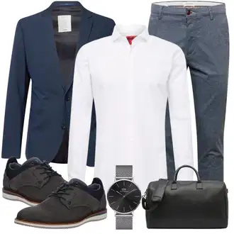 Büro Outfits Frühling mit Grau/Dunkelblau/Hellblau/Blau Twill Hose/Slim Hose Jack & Jones, Weiß/Rot/Creme Business Hemd/Businesshemd/Bügelfreies Hemd Hugo, Schwarz Mannstasche About You "Buro Outfit"