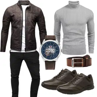 Büro Outfits Moderne mit Dunkelbraun/Grau/Braun Leder Bomberjacke/Motorradjacke/Bikerjacke/Jacke mit Seitlichem Reißverschluss/Kunstlederjacke/Vintage Lederjacke Crone "Buro Outfit"Look: Coole, Old Money, Schön, Moderne, Smart Casual, 80er