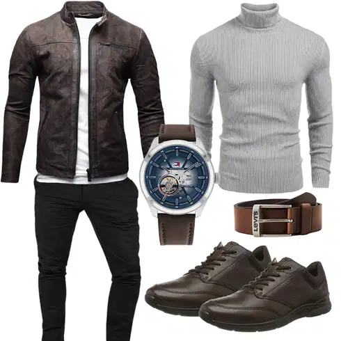 Dunkelbraun/Grau/Braun Leder Bomberjacke/Motorradjacke/Bikerjacke/Jacke mit Seitlichem Reißverschluss/KunstLederjacke/Vintage Lederjacke Crone kombinieren