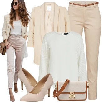 Outfit s Krémová/Bílá Halenkový Top/Halenka s Dlouhým Rukávem/Slip-on Halenka/Halenka se Stojatým Límcem/Kožená bunda pro muže/Crash blůza/Dětská hračka/Sportovní Halenka/Mušelínová Halenka/Blůza s nášivkou na lokti Object "Stylový vzhled"