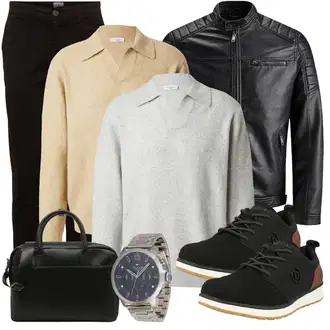 Große Größen Outfit mit Schwarz/Creme/Dunkelgrün Mantel/Lederjacke/Leder Bomberjacke/KunstLederjacke/Vintage Lederjacke/Bikerjacke/Motorradjacke Jack & Jones "Business Outfit"