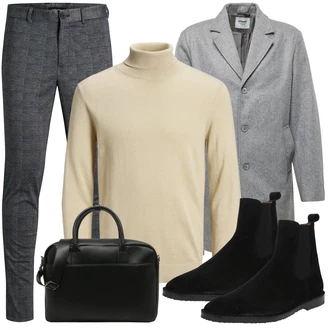 Outfit mit Khaki/Beige/Gelb Rollkragenpullover/Feinstrickpullover/Einfacher Pullover Jack & Jones "Business Outfit"