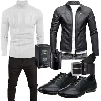 Business Outfits Rockige mit Schwarz/Dunkelgrau/Dunkelblau/Grau Vintage Lederjacke/Motorradjacke/Bikerjacke/Jacke mit Seitlichem Reißverschluss/Kunstlederjacke Crone "Casual Business Outfit"Look: Rockige, 80er, Lack, Moderne, Coole, Techno, Schön, Uni