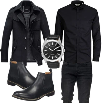 Outfit mit Schwarz/Dunkelblau Hemdbluse/Businesshemd/Business Hemd Jack & Jones "Casual Business Outfit"