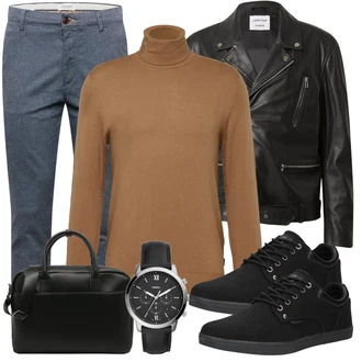 Gefütterte Outfit mit Dunkelrot/Schwarz/Creme Bikerjacke/KunstLederjacke/Leder Bomberjacke/Lederjacke/Vintage Lederjacke DAN FOX APPAREL "Casual Business Outfit"