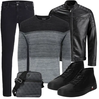 Große Größen Outfit mit Schwarz/Creme/Dunkelgrün Mantel/Lederjacke/Leder Bomberjacke/KunstLederjacke/Vintage Lederjacke/Bikerjacke/Motorradjacke Jack & Jones "Casual Outfit"
