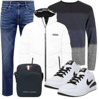 Outfit mit Grau/Dunkelblau Wollpullover/2-in-1 Pullover/Feinstrickpullover/Kaschmir Pullover/Einfacher Pullover/Basic Pullover/Rollkragenpullover/Winterpullover Jack & Jones "Casual Outfit"