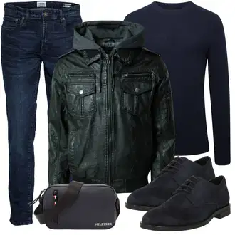 Outfit mit Dunkelblau/Blau Hose Große Größe/ThermoJeans/Slim Fit Jeans/Winterjacke/Leder Schuhe/Regular-Fit Jeans/Sportschuhe/Straight Leg Jean/Tapered-Jeans/Lederjacke !Solid "Casual Outfit"