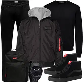 Retro Outfit mit Schwarz Sneaker Skateschuh/Schmaler Sneaker/Canvas-Sneaker/Winter Sneaker/Sneaker Mit Seitlichem Reißverschluss Vans "Casual Outfit"Look: Uni, Streetwear, Gothic, Skater, Unisex, Sportlich, Casual, Trendige, Smart Casual, Löwe, Retro