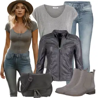Slim fit Outfit s Šedá/Tmavě šedá Kožené Bund Bunda z Umělé Kůže/Kožená Bomber Bund/Bunda s Bočním Zipem/Motorkářská bunda/Motorkářské Bund/Kožené Bund Maze "Vzhled casual"