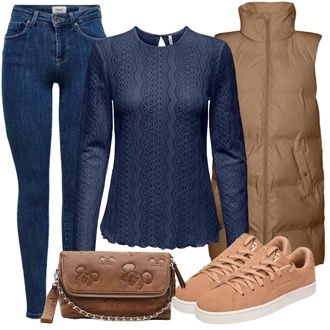 Outfit s Hnědá/Khaki/Béžová Vest bez Rukávů/Puffer Vest/Dlouhá Vest/Krátká Vest/Lehký Prslušenství/Peřová Vest VERO MODA "Cool každodenní outfit"