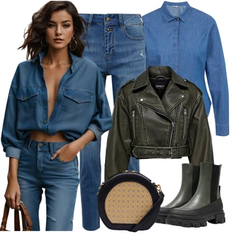 Outfit s Tmavě Zelená/Zelená Chelsea Boty/Kožená bunda/Gumová Kotníková Bota Only "Cool každodenní outfit"
