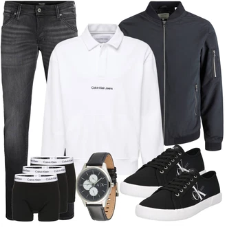 Esthetische Outfit mit Weiß/Creme/Grau Lederjacke/Sport Sweatshirt/Damen Pullover/Half-zip Hoodie/Unisex Hoodie Calvin Klein Jeans "Cool Outfit"Look: Workwear, Preppy, Unisex, Classic, Streetwear, Lack, Esthetische