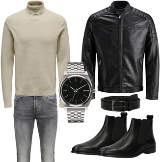 Große Größen Outfit mit Schwarz/Creme/Dunkelgrün Mantel/Lederjacke/Leder Bomberjacke/KunstLederjacke/Vintage Lederjacke/Bikerjacke/Motorradjacke Jack & Jones "Cool Outfit"