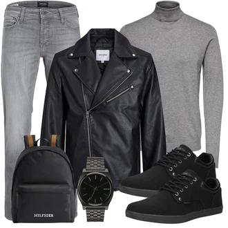 Outfit mit Grau/Dunkelgrau/Hellgrau Rollkragenpullover/Feinstrickpullover/Basic Pullover/Einfacher Pullover/Wollpullover Only & Sons "Cool Outfit"