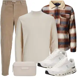 Outfit mit Braun/Weiß/Khaki/Beige Basic Pullover/Feinstrickpullover/Einfacher Pullover/Rollkragenpullover/Wollpullover/Thermo Pullover/Kaschmir Pullover Jack & Jones "Cool Outfit"