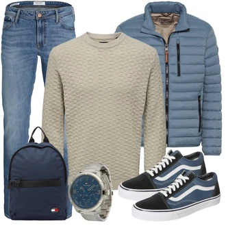 Outfit mit Blau/Grau/Hellblau Thermojacke/Sommerdaunenjacke/Kunstfaserjacke/Übergangsjacke/Merinojacke/Puffer Jacke/Daunenjacke/Winterjacke/Verstaubare Jacke/Jacke mit Seitlichem Reißverschluss Camel Active "Cool Outfit"