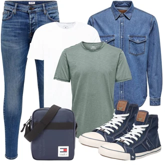 Frühlings Outfits Esthetische mit Blau/Dunkelblau/Grau Mannstasche Tommy Jeans "Cool Outfit"Look: Moderne, Unisex, Schlichte, Leger, Esthetische, Sportlich, Classic, Oversize, Retro, Premium, Vintage