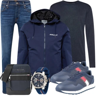 Retro Outfit mit Blau/Hellblau Slim Fit Jeans/Leder Schuhe/Lederjacke/Damen 7/8-Länge Jeans/Low Rise Jean/Tapered-Jeans/Winterjacke/Low Waist Jean/Schlupfjeans/Jeans mit Schlitz/Straight Leg Jean/Regular-Fit Jeans/Cropped Jeans/Knöchelstiefel Jack & Jones "Cool Outfit"Look: Uni, Coole, Schlichte, 70er, Classic, Old Money, Retro