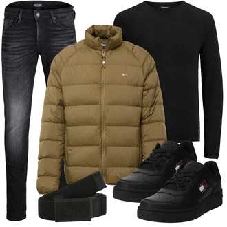 Lyocell Outfit mit Grau/Schwarz/Dunkelgrau Lederjacke/Slim Fit Jeans/Leder Schuhe/Low Rise Jean/Winterjacke/Herren Lederjacke/Jeans mit Schlitz/Thermojeans/Knöchelstiefel/Biker Jeans/Low Waist Jean Jack & Jones "Cool Outfit"