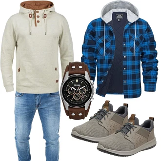 Outfit mit Grau/Khaki/Beige Vintage Hoodie/Norweger Pullover/Strick Hoodie/Kapuzenpullover b BLEND "Cool Outfit"