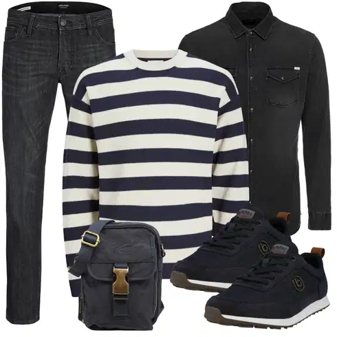 Dunkelblau/Blau/Creme/Weiß/Hellblau Gestreifter Pullover Jack & Jones kombinieren