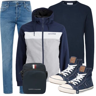 Retro Outfit mit Blau/Hellblau Slim Fit Jeans/Leder Schuhe/Tapered-Jeans/Regular-Fit Jeans/Low Rise Jean/Lederjacke/Straight Leg Jean/Winterjacke/Sportschuhe/Push up Jeans/Low Waist Jean Only & Sons "Cool Outfit"Look: Uni, Coole, Classic, Schlichte, Schön, Retro, Old Money, 70er, Premium