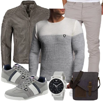 Sommer Outfit mit Grau/Khaki/Dunkelbraun/Braun Jacke mit Seitlichem Reißverschluss/Leder Bomberjacke/KunstLederjacke/Motorradjacke/Bikerjacke/Vintage Lederjacke/Lederjacke Gipsy "Cool Outfit"