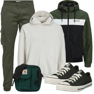 Outfit mit Grau/Khaki/Weiß/Braun/Creme/Beige/Hellgrau Unisex Hoodie/Hoodie/Oversize Hoodie/Vintage Hoodie/Sport Hoodie/Kapuzenpullover/Ausgefallener Hoodie/Sport Sweatshirt/Lederjacke Jack & Jones "Cool Outfit"