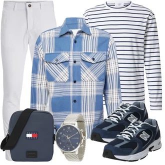 90er Outfit mit Grau/Blau/Hellblau/Creme Bluse Große Größe/Kariertes Hemd/Flanellhemd/Mantel Jack & Jones "Cool Outfit"Look: Indoor, Maritim, Western, Skater, Outdoor, 90er, Workwear